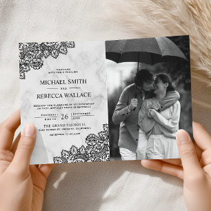 Invitation Mariage Code QR Photo Marbre Blanc et Dentelle Noi