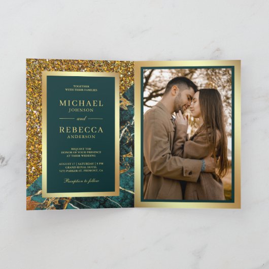Invitation Mariage Code QR Photo Marbre Sarcelle Or (Intérieur)
