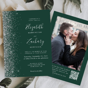 Invitation Mariage Code QR Photo Pailleté Argent Vert Emeraud