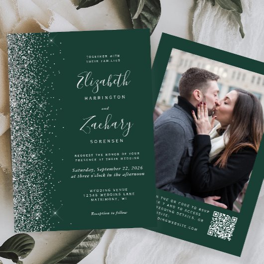Invitation Mariage Code QR Photo Pailleté Argent Vert Emeraud