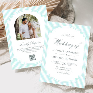 Invitation Mariage Code QR Photo Rayé Bleu Pastel Classique