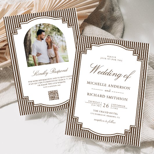 Invitation Mariage Code QR Photo Rayé Marron Chocolat