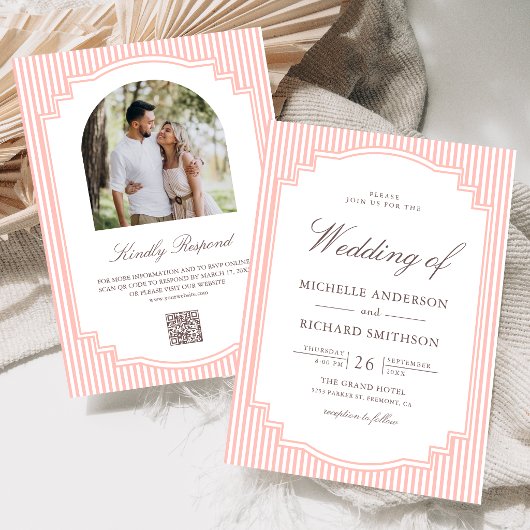 Invitation Mariage Code QR Photo Rayé Rose Corail Pastel
