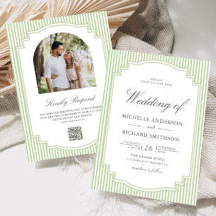 Invitation Mariage Code QR Photo Rayé Vert Sauge Classique