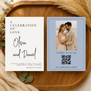 Invitation Mariage Code QR Photo Script Bleu Poussiéreux