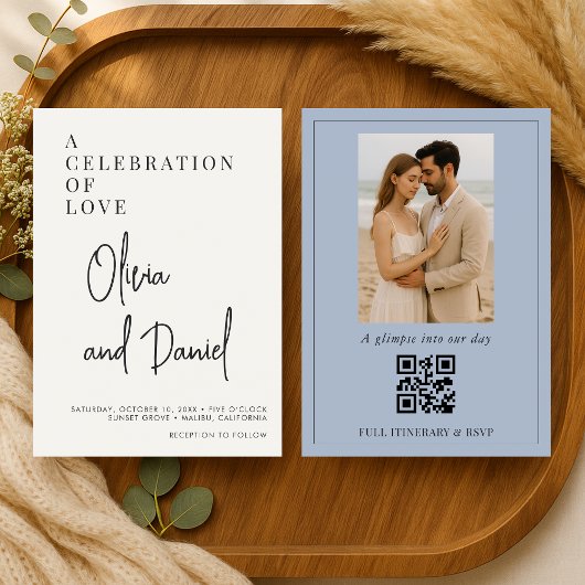 Invitation Mariage Code QR Photo Script Bleu Poussiéreux
