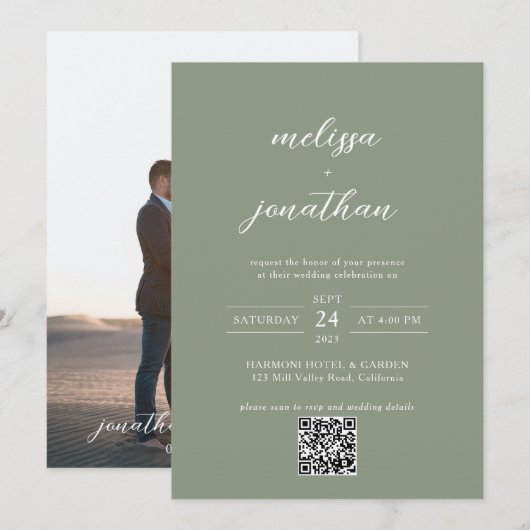 Invitation Mariage Code QR Photo Script Vert Sauge Atténué (Devant / Derrière)