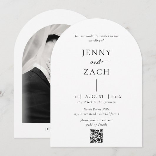 Invitation Mariage Code Qr Photo Simple Moderne Arch (Devant / Derrière)
