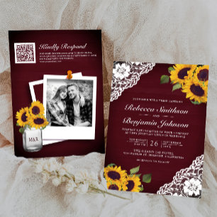 Invitation Mariage Code QR Photo Tournesol Dentelle Bois Bour