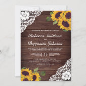 Invitation Mariage Code QR Photo Tournesol Dentelle Bois Rust (Devant)
