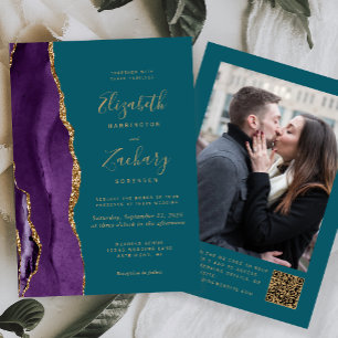 Invitation Mariage Code QR Photo Turquoise Agate Or Violet