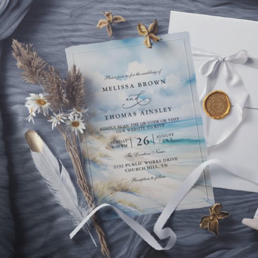 Invitation Mariage Code QR Plage Côtière Océan Aquarelle