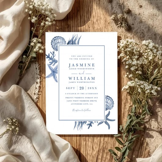 Invitation Mariage Code QR Plage Océanique Coquillages Bleus