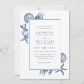 Invitation Mariage Code QR Plage Océanique Coquillages Bleus (Devant)