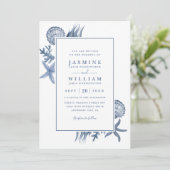 Invitation Mariage Code QR Plage Océanique Coquillages Bleus (Debout devant)