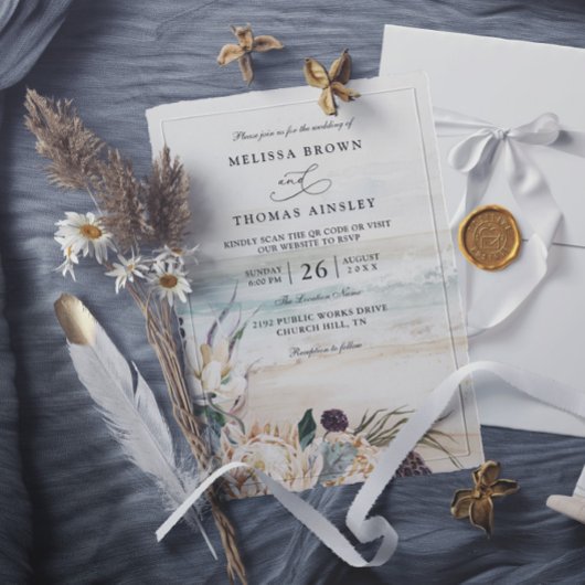 Invitation mariage code qr plage protea floraux tropicaux