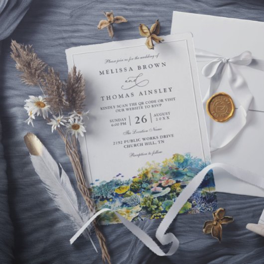 Invitation Mariage Code QR Plage Récif Corail Poisson Tropica