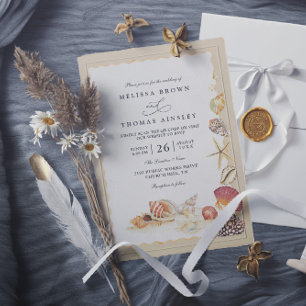 Invitation Mariage Code QR Plage Sable Mer Coquillages Élégan