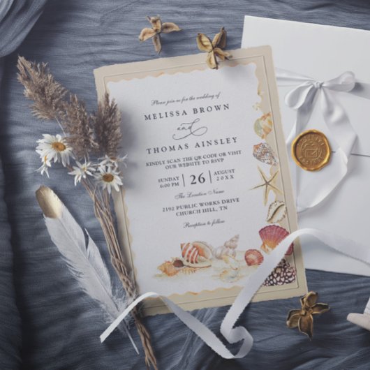 Invitation Mariage Code QR Plage Sable Mer Coquillages Élégan