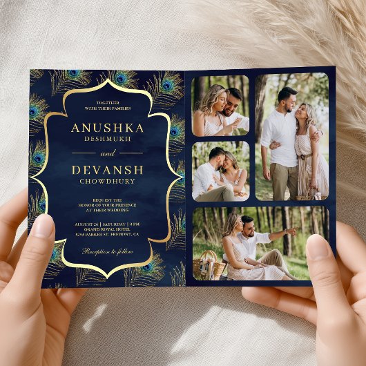 Invitation Mariage Code QR Plumes de Paon Bleu Marine