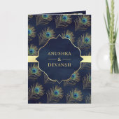 Invitation Mariage Code QR Plumes de Paon Bleu Marine (Devant)