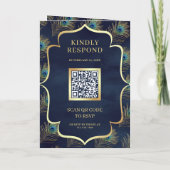 Invitation Mariage Code QR Plumes de Paon Bleu Marine (Dos)