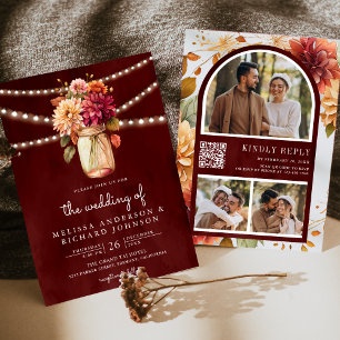 Invitation Mariage Code QR Pot Mason Dahlia Automne Bourgogne