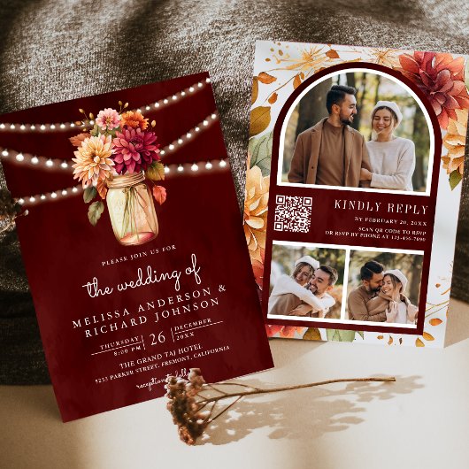 Invitation Mariage Code QR Pot Mason Dahlia Automne Bourgogne