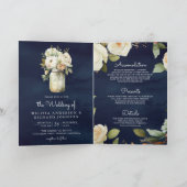 Invitation Mariage Code QR Pot Mason Roses Blanches Bleu Mari (Intérieur)