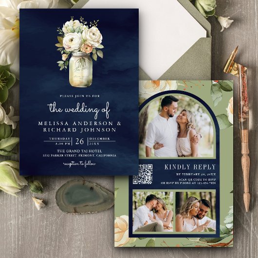 Invitation Mariage Code QR Pot Mason Roses Blanches Bleu Nuit