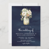 Invitation Mariage Code QR Pot Mason Roses Blanches Bleu Nuit (Devant)