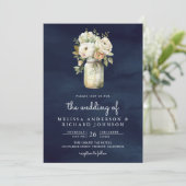 Invitation Mariage Code QR Pot Mason Roses Blanches Bleu Nuit (Debout devant)