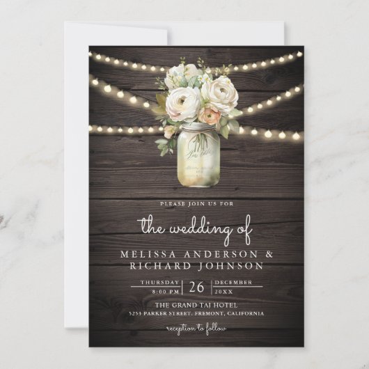 Invitation Mariage Code QR Pot Mason Roses Blanches Bois Rust (Devant)