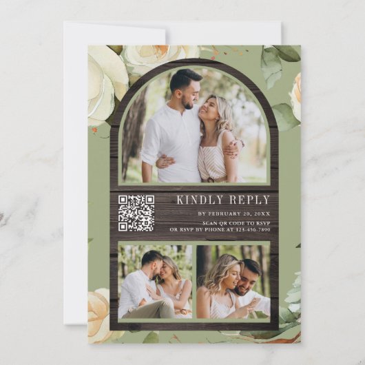 Invitation Mariage Code QR Pot Mason Roses Blanches Bois Rust (Dos)