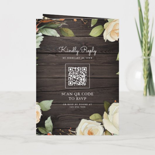 Invitation Mariage Code QR Pot Mason Roses Blanches Bois Rust (Dos)