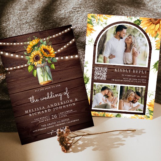 Invitation Mariage Code QR Pot Mason Tournesols Bois Rustique