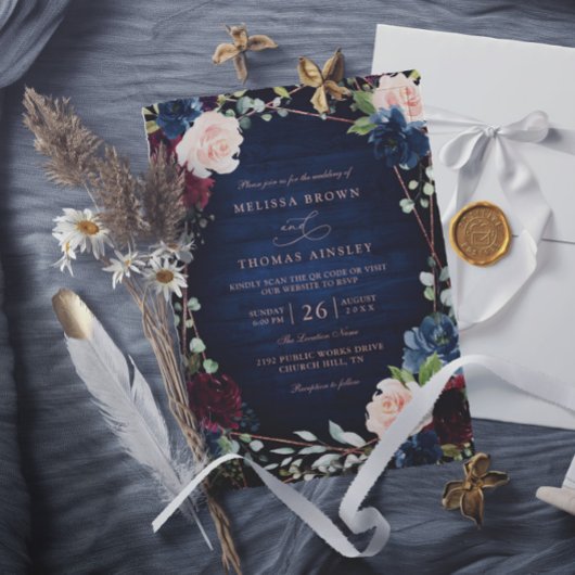 Invitation Mariage Code QR Rose Gold Burgundy Navy Blush