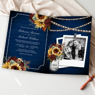 Invitation Mariage Code QR Roses de Bourgogne Tournesol Bleu 
