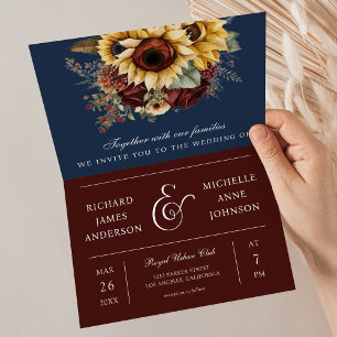 Invitation Mariage code QR roses de Bourgogne tournesol bleu 