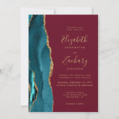 Invitation Mariage Code QR Rouge Bourgogne Agate Or Sarcelle (Devant)