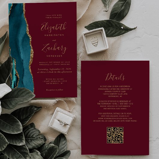 Invitation Mariage Code QR Rouge Bourgogne Agate Or Sarcelle