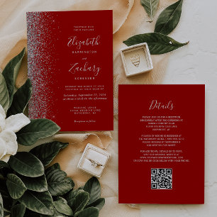 Invitation Mariage Code QR Rouge Cramoisi Paillettes Argentée