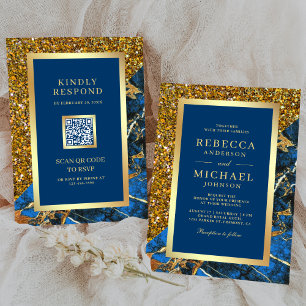 Invitation Mariage Code QR Royal Bleu Marbre Doré