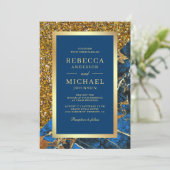 Invitation Mariage Code QR Royal Bleu Marbre Doré (Debout devant)