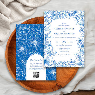 Invitation Mariage Code QR RSVP Arc de Jardin Floral Bleu Roy