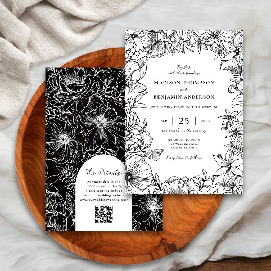 Invitation Mariage Code QR RSVP Arche Florale Noir Blanc