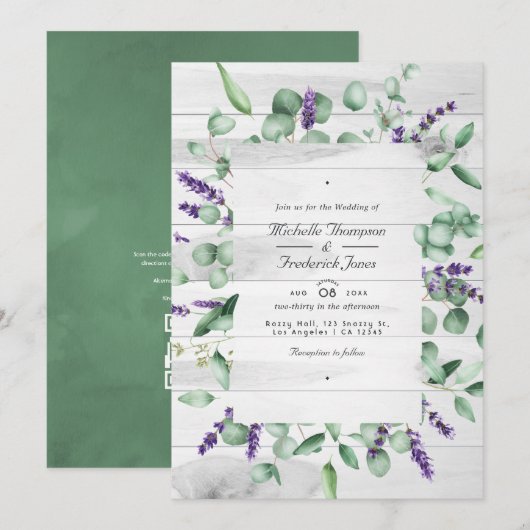 Invitation Mariage code QR RSVP Eucalyptus Lavande Verdure (Devant / Derrière)