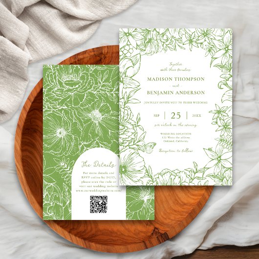 Invitation Mariage Code QR RSVP Floral Vert Citron