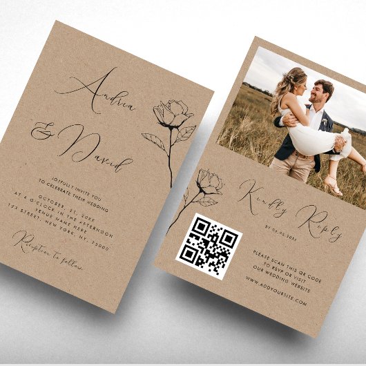 Invitation Mariage Code QR RSVP Look Kraft Rustique Dessiné R