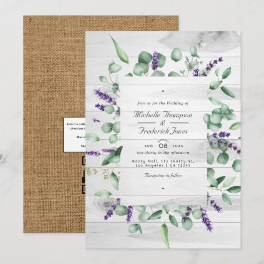 Invitation Mariage code QR RSVP rustique à la lavande d'eucal (Devant / Derrière)